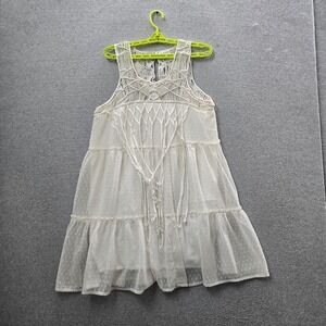 Shyanne Women Dress L White Polka Dot Fit & Flare Chiffon Boho Crochet Ruffle